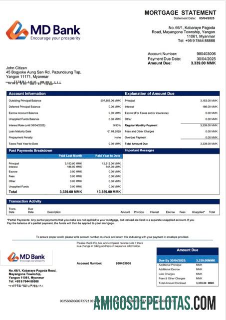 realista Modelo Word e PDF de extrato de hipoteca do Myanmar MD Bank